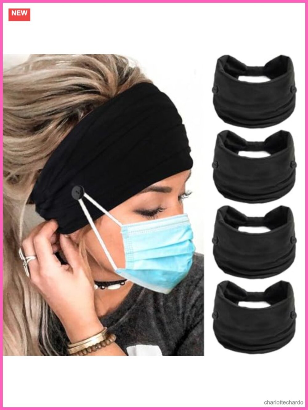 Wide Elastic Button Headbands Non Slip Turban Hair Wraps Yoga Sports 4Pcs